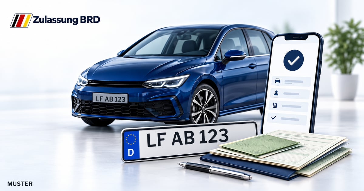 Online Fahrzeugzulassung in Traunstein: Musterkennzeichen LF AB 123, Auto und Fahrzeugpapiere und Smartphone. Illustration mit Logo von Zulassung BRD.